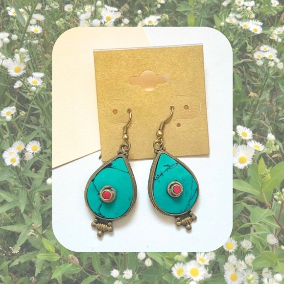 🏷️ circle boho turquoise & red dangling earrings - Picture 3 of 9